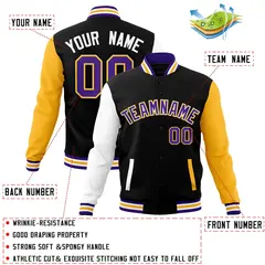 Black Purple-White Raglan Varsity Full-Snap Letterman Jacket 4