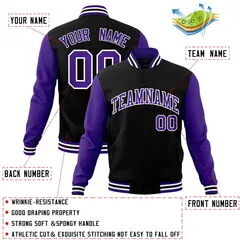 Black Purple-White Raglan Varsity Full-Snap Letterman Jacket 4