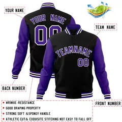 Black Purple-White Raglan Varsity Full-Snap Letterman Jacket 4