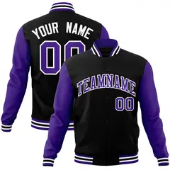 Black Purple-White Raglan Varsity Full-Snap Letterman Jacket 1