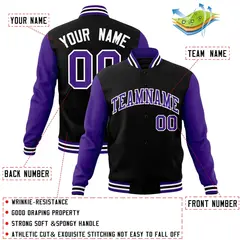 Black Purple-White Raglan Varsity Full-Snap Letterman Jacket 4