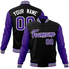 Black Purple-White Raglan Varsity Full-Snap Letterman Jacket 1