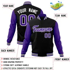 Black Purple-White Raglan Varsity Full-Snap Letterman Jacket 4