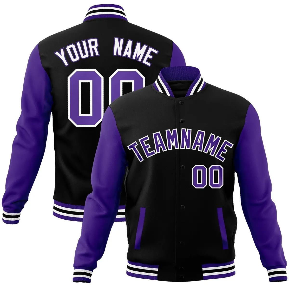 Black Purple-White Raglan Varsity Full-Snap Letterman Jacket