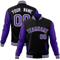 Black Purple-White Raglan Varsity Full-Snap Letterman Jacket 1