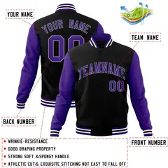 Black Purple-White Raglan Varsity Full-Snap Letterman Jacket 4