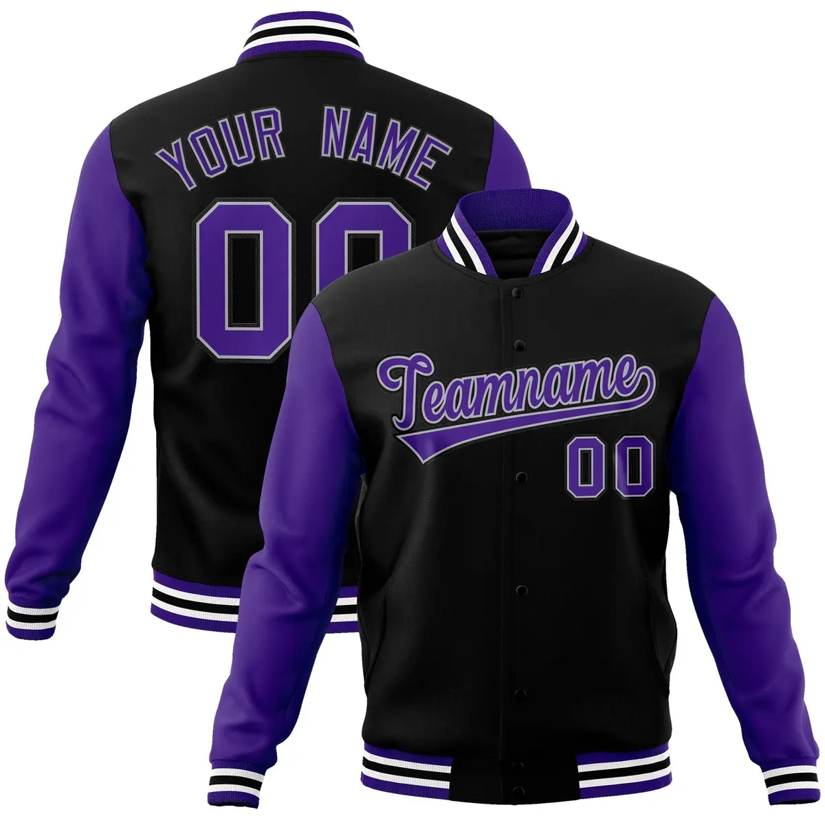 Black Purple-White Raglan Varsity Full-Snap Letterman Jacket