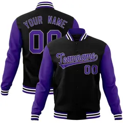 Black Purple-White Raglan Varsity Full-Snap Letterman Jacket 1
