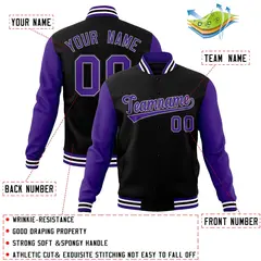 Black Purple-White Raglan Varsity Full-Snap Letterman Jacket 4