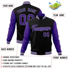 Black Purple-White Raglan Varsity Full-Snap Letterman Jacket 4
