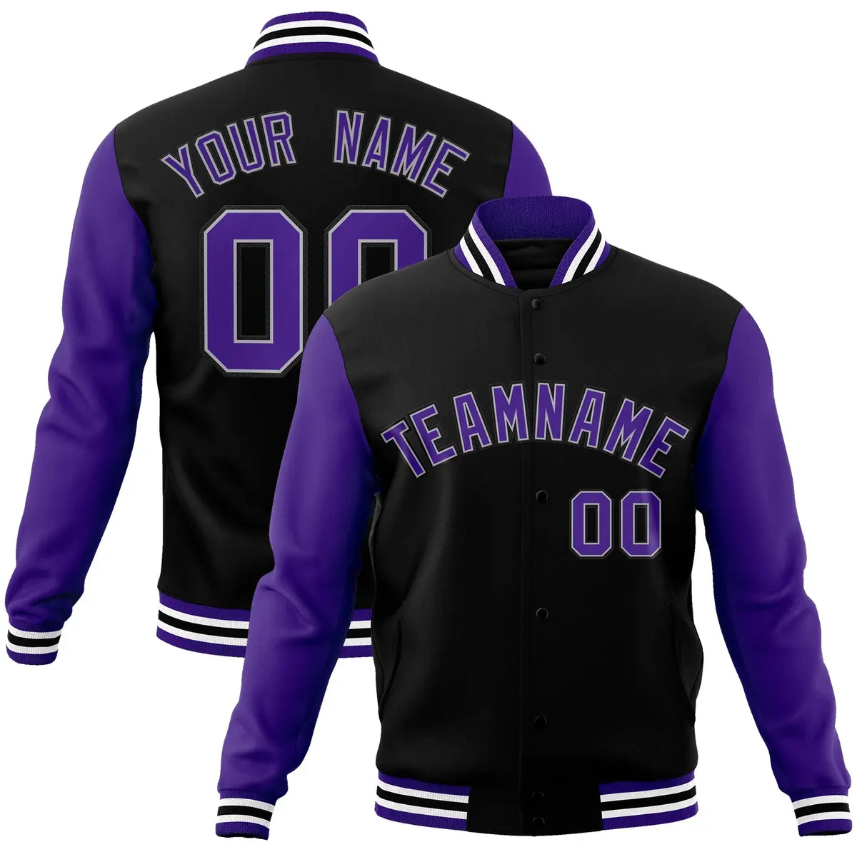 Black Purple-White Raglan Varsity Full-Snap Letterman Jacket