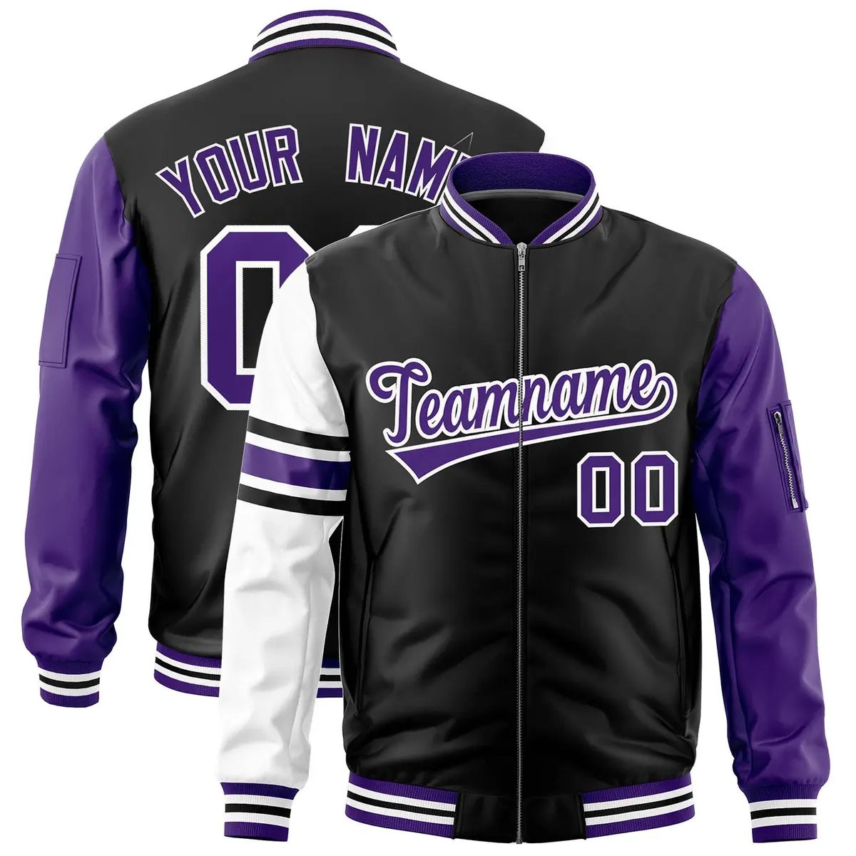 Black Purple-White Stripe Raglan Varsity Full-Zip Letterman Bomber Jacket