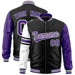 Black Purple-White Stripe Raglan Varsity Full-Zip Letterman Bomber Jacket 1