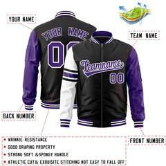 Black Purple-White Stripe Raglan Varsity Full-Zip Letterman Bomber Jacket 2