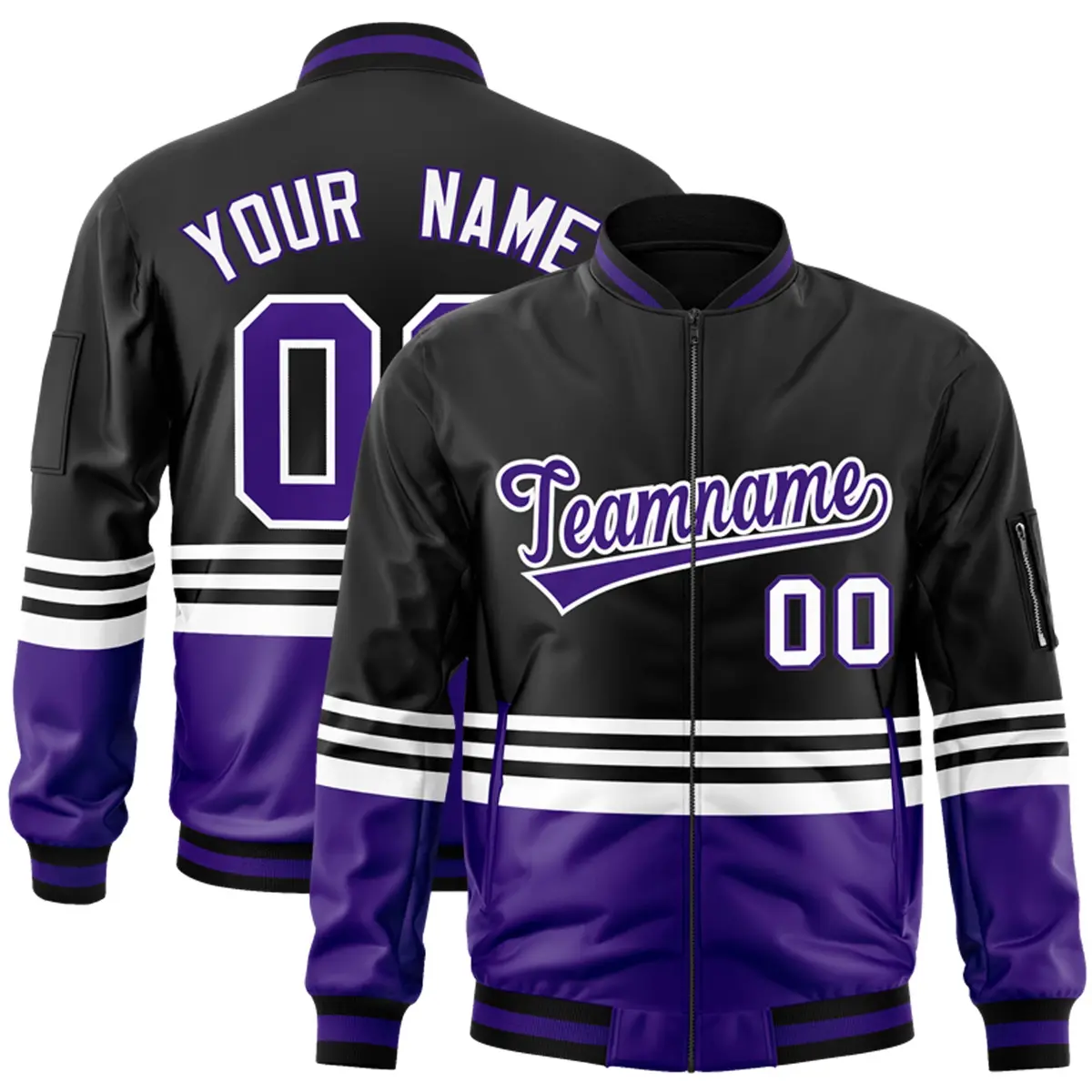 Black Purple-White Varsity Color Block Letterman Bomber Jacket