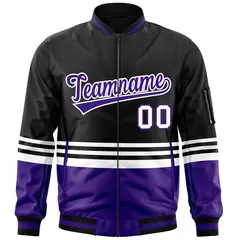 Black Purple-White Varsity Color Block Letterman Bomber Jacket 3