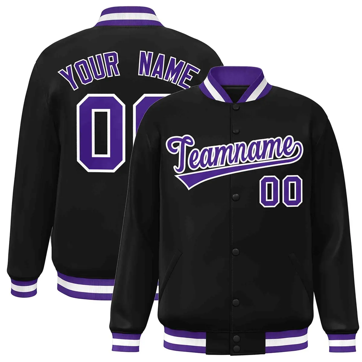 Black Purple-White Varsity Full-Snap Letterman Jacket
