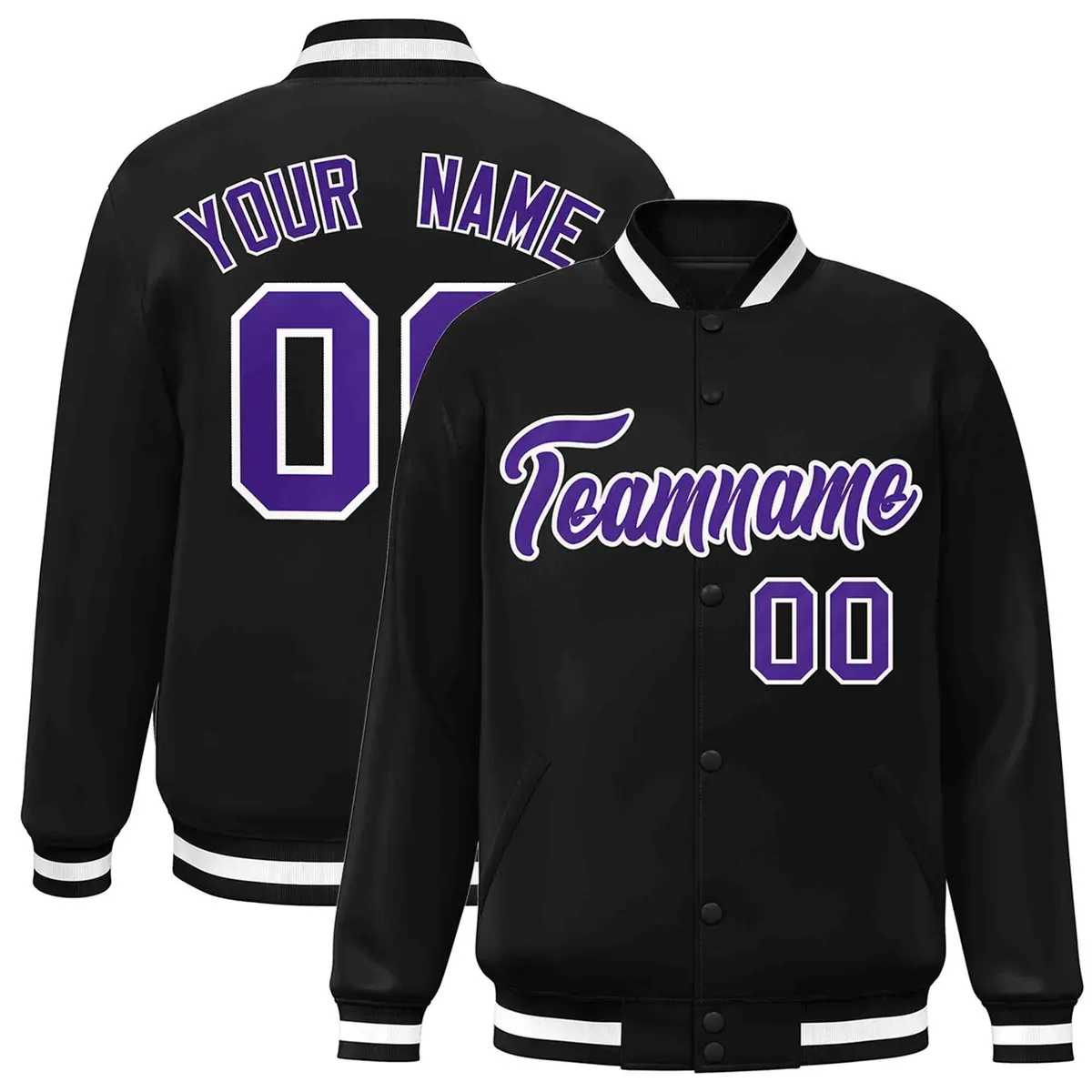 Black Purple-White Varsity Full-Snap Letterman Jacket