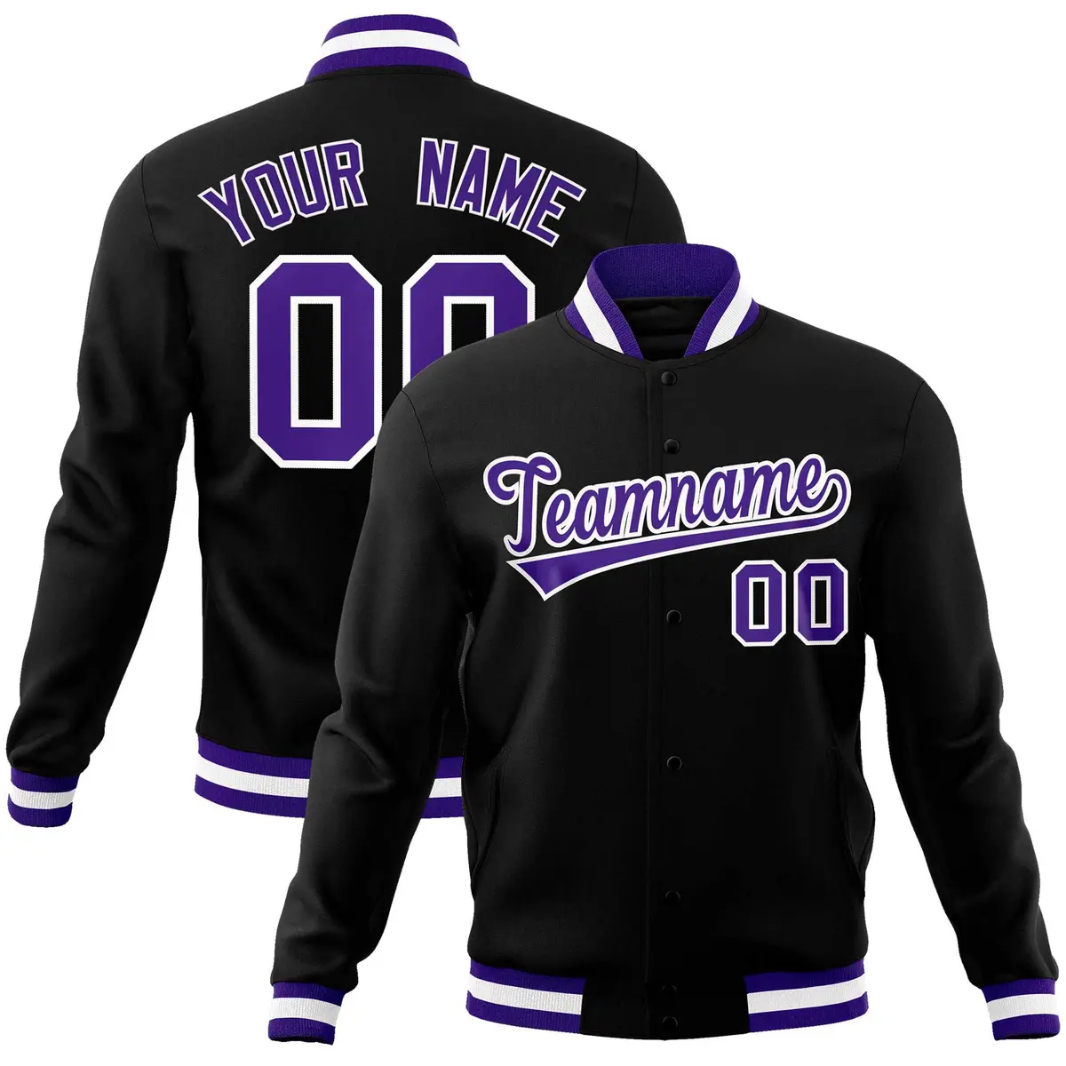 Black Purple-White Varsity Full-Snap Letterman Jacket