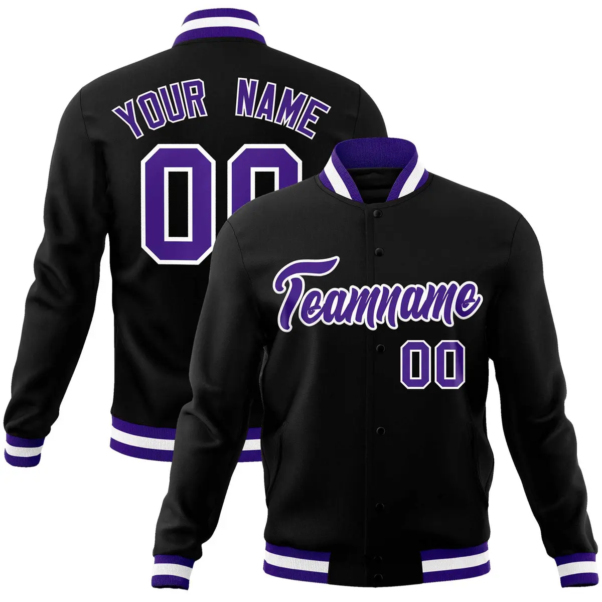 Black Purple-White Varsity Full-Snap Letterman Jacket
