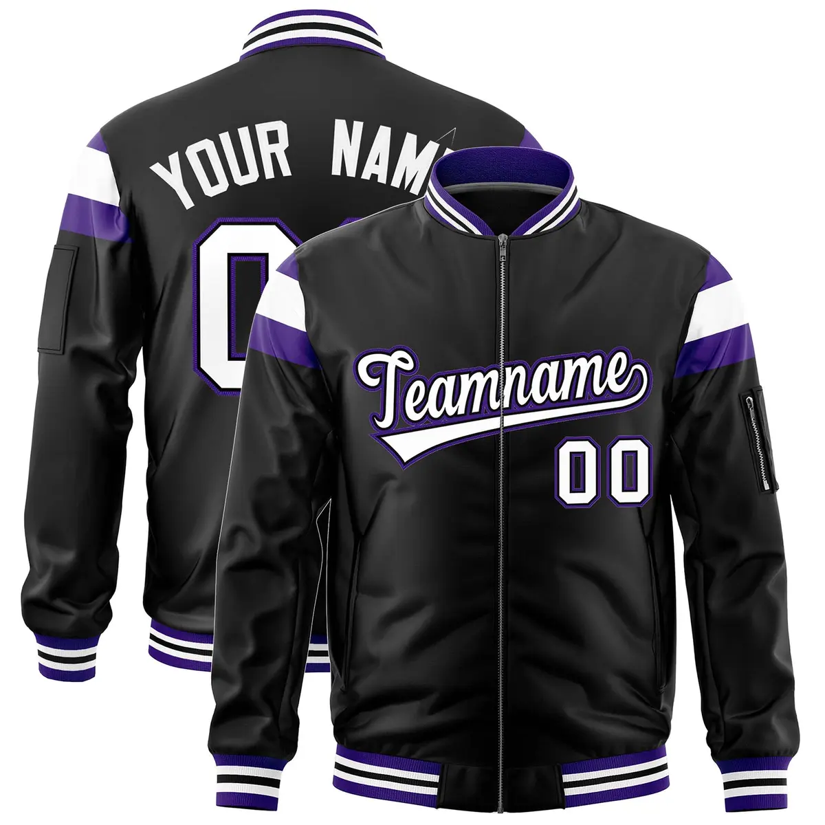 Black Purple-White Varsity Full-Zip Shoulder Color Block Letterman Bomber Jacket