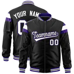 Black Purple-White Varsity Full-Zip Shoulder Color Block Letterman Bomber Jacket 1
