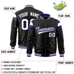 Black Purple-White Varsity Full-Zip Shoulder Color Block Letterman Bomber Jacket 2