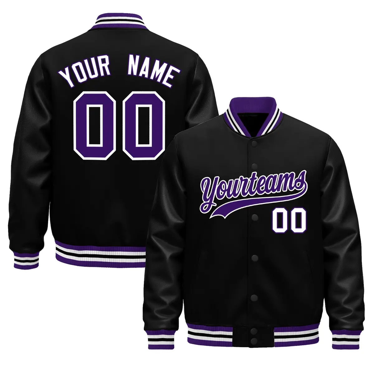 Black Purple White Varsity Jacket with Faux Leather Sleeves