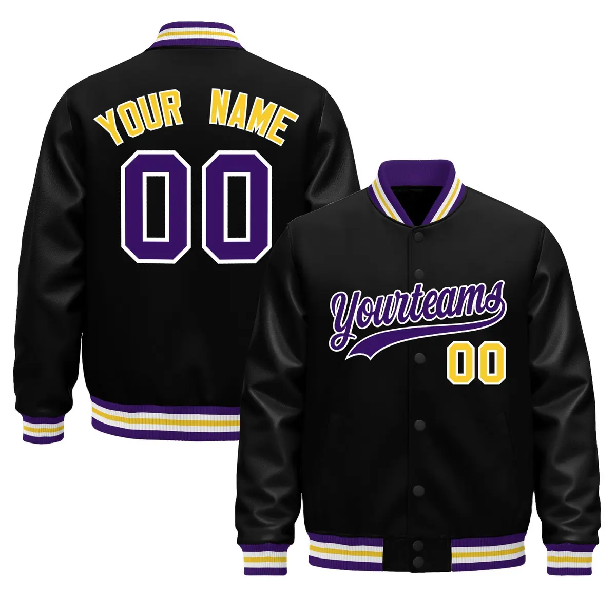 Black Purple White Varsity Jacket with Faux Leather Sleeves
