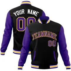 Black Purple-Yellow Raglan Sleeves Varsity Full-Snap Letterman Jacket