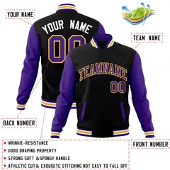 Black Purple-Yellow Raglan Sleeves Varsity Full-Snap Letterman Jacket 4
