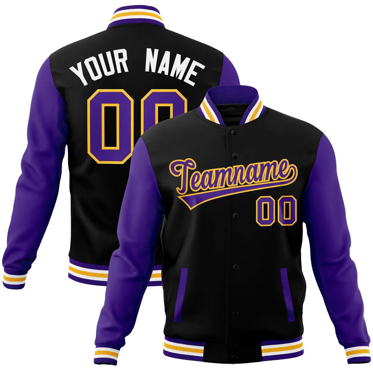 Black Purple-Yellow Raglan Sleeves Varsity Full-Snap Letterman Jacket