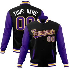 Black Purple-Yellow Raglan Sleeves Varsity Full-Snap Letterman Jacket 1