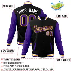 Black Purple-Yellow Raglan Sleeves Varsity Full-Snap Letterman Jacket 4