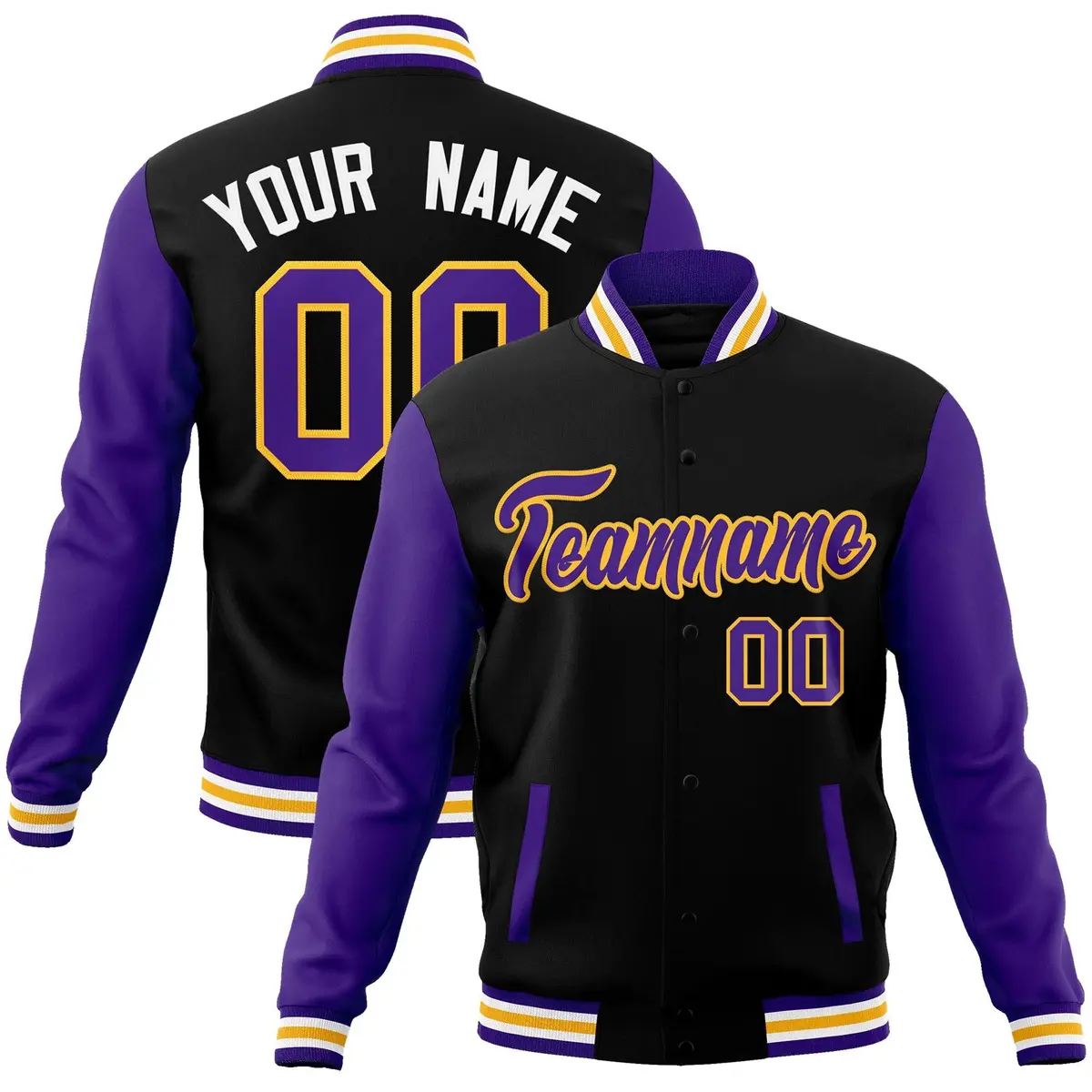Black Purple-Yellow Raglan Sleeves Varsity Full-Snap Letterman Jacket