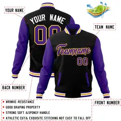 Black Purple-Yellow Raglan Sleeves Varsity Full-Snap Letterman Jacket 4