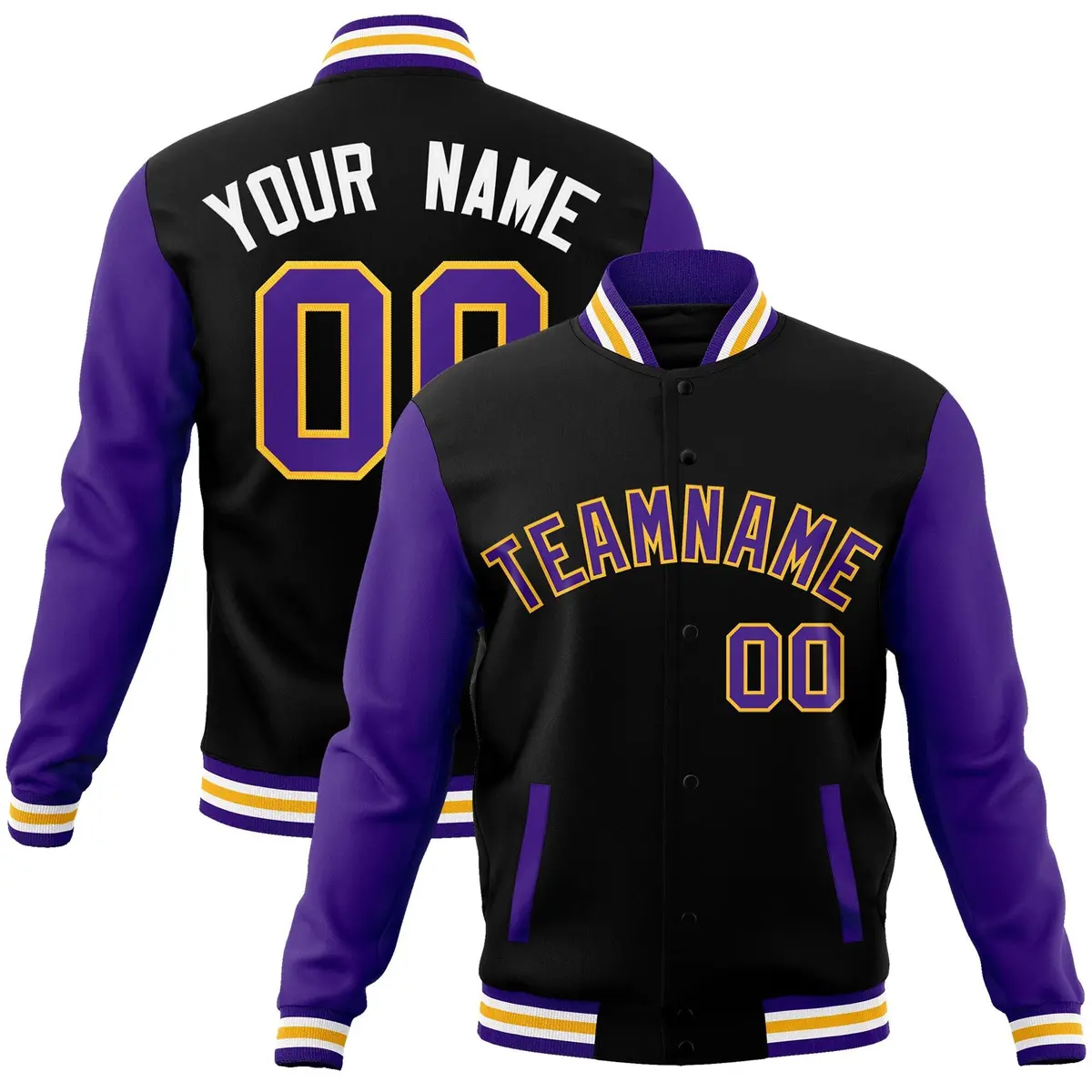 Black Purple-Yellow Raglan Sleeves Varsity Full-Snap Letterman Jacket