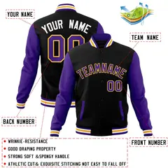 Black Purple-Yellow Raglan Sleeves Varsity Full-Snap Letterman Jacket 4