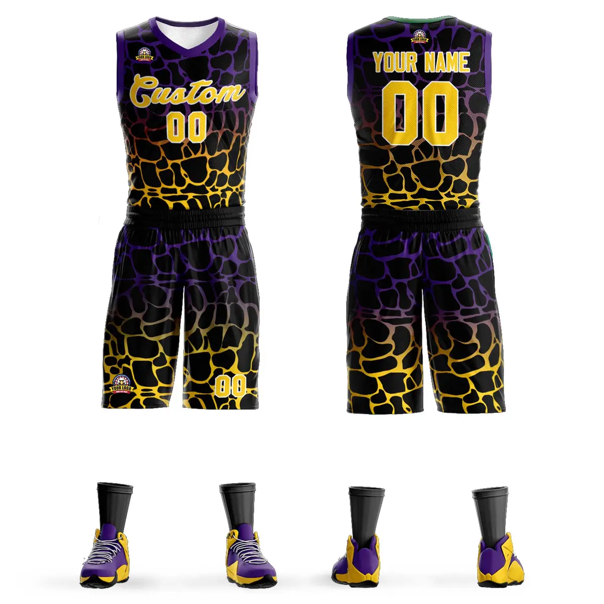 Black Purple-Yellow Spotted Graffiti Basketball Jersey