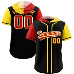 Black Red and Gold Split Raglan Baseball Hoodie Jersey