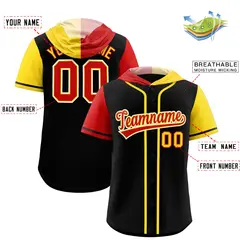 Black Red and Gold Split Raglan Baseball Hoodie Jersey 2