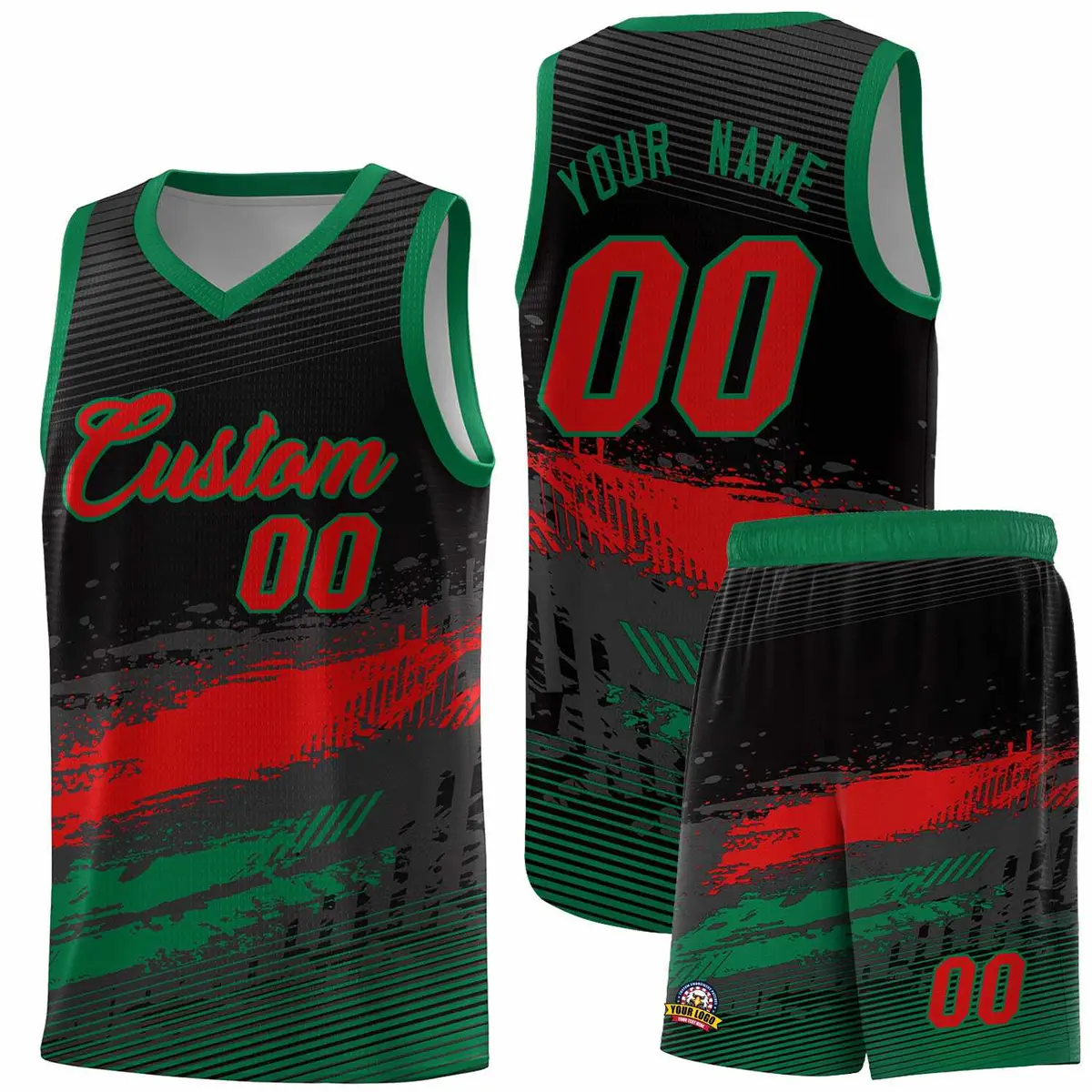 Black Red and Kelly Green Graffiti Pattern Basketball Jersey