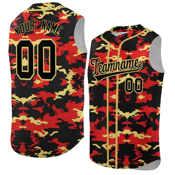 Black Red and Old Gold Camo Sleeveless Baseball Jersey