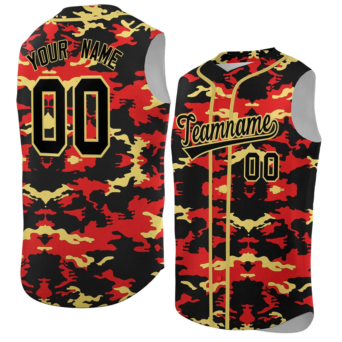 Black Red and Old Gold Camo Sleeveless Baseball Jersey