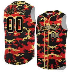 Black Red and Old Gold Camo Sleeveless Baseball Jersey 1