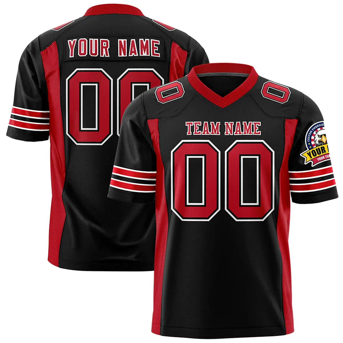 Black Red Authentic Football Jersey with Sleeve Stripes