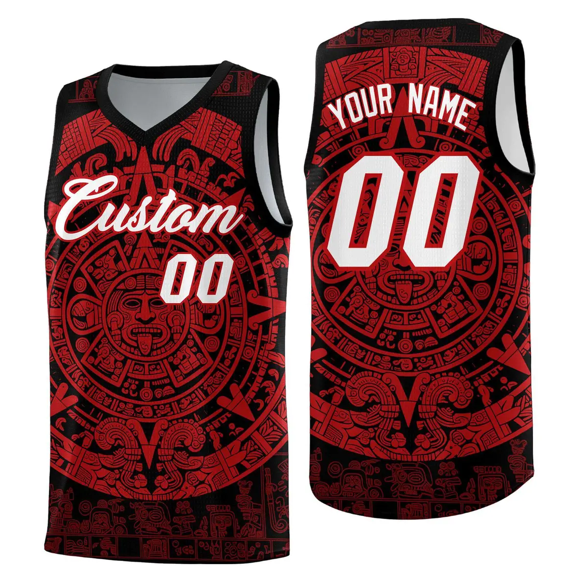 Black Red Aztec Sun Stone Graffiti Basketball Jersey
