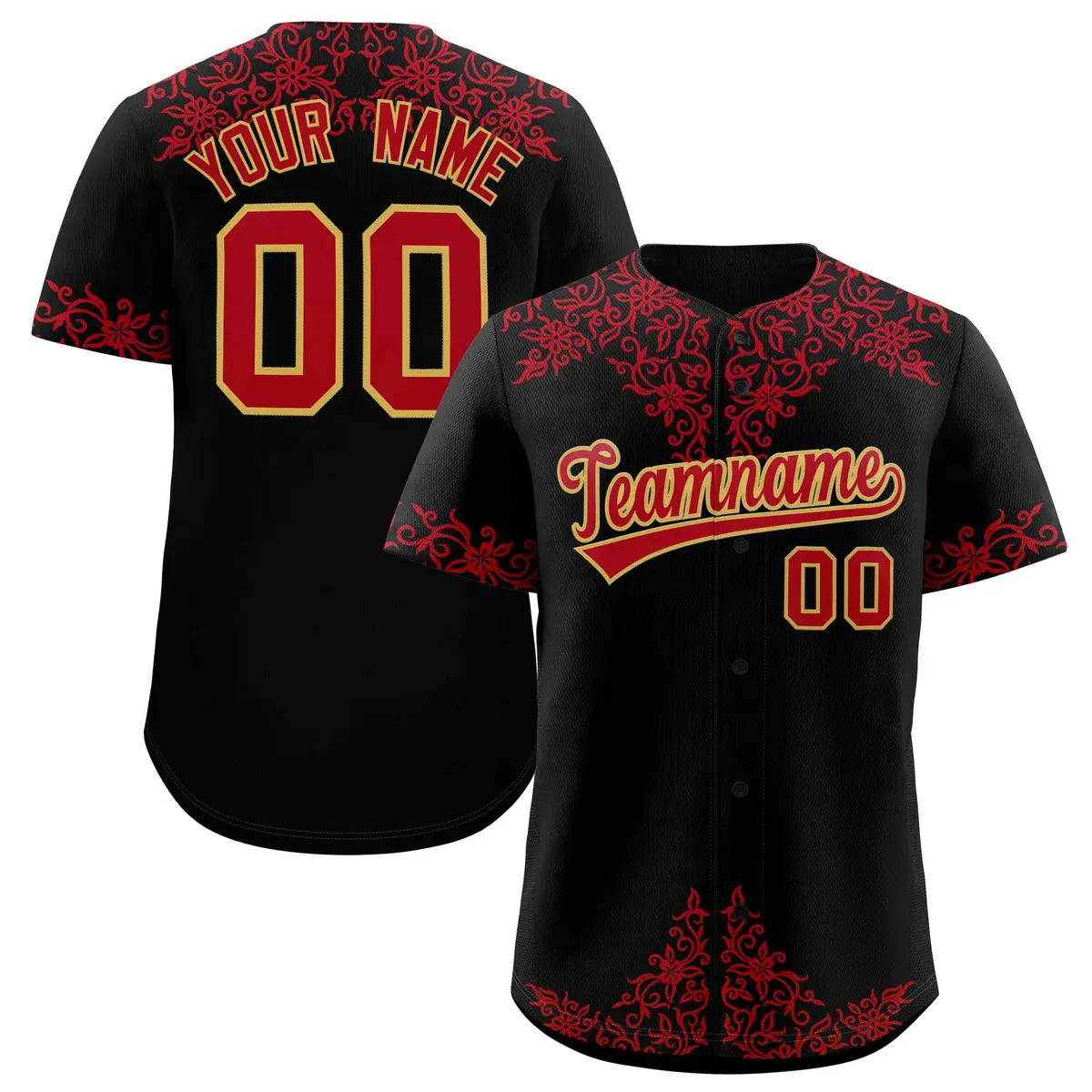 Black Red Baroque Style Baseball Jersey