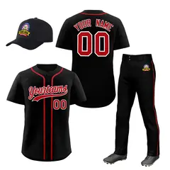 Black Red Baseball Jersey Pants Hat Uniform Package