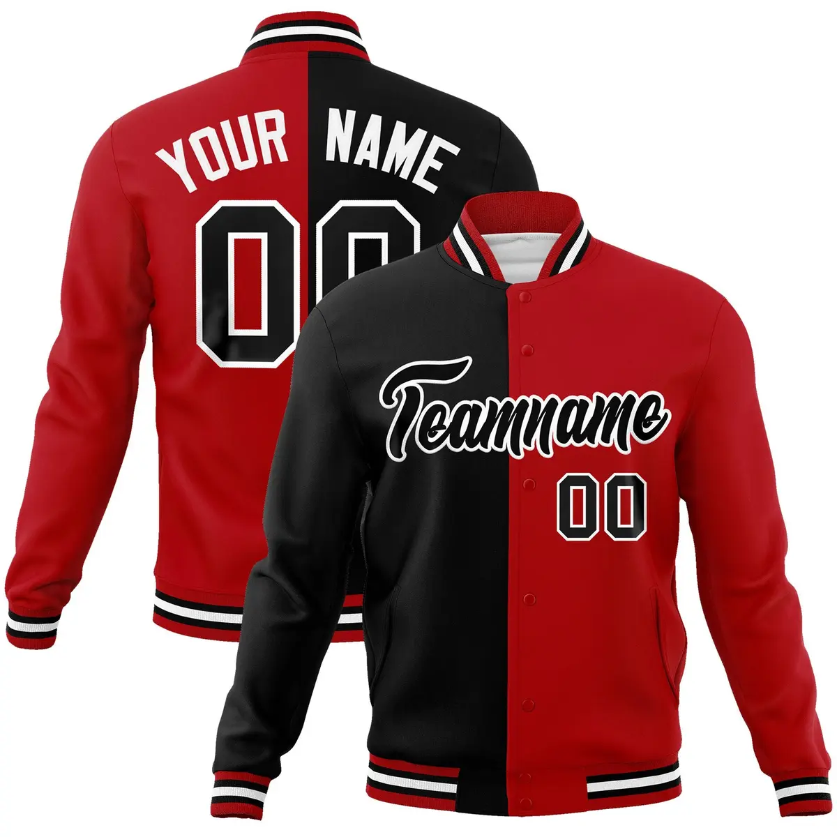 Black Red-Black Two Tone Split Varsity Full-Snap Letterman Jacket